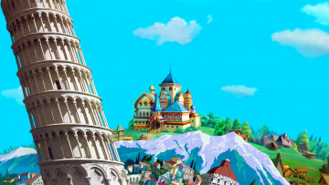 Картинка рисованное города природа дворец башня
