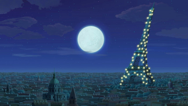 Обои картинки фото рисованное, города, франция, иллюминация, париж, луна, ночь, башня