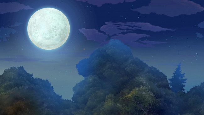 Обои картинки фото рисованное, природа, деревья, луна, ночь