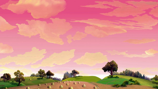 Обои картинки фото рисованное, природа, поле, облака, деревья
