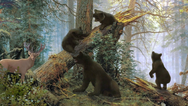 Обои картинки фото рисованное, живопись, растения, олень, деревья, лесоповал, медведь