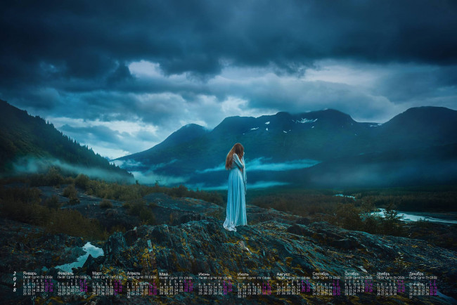 Обои картинки фото календари, девушки, облака, природа, гора