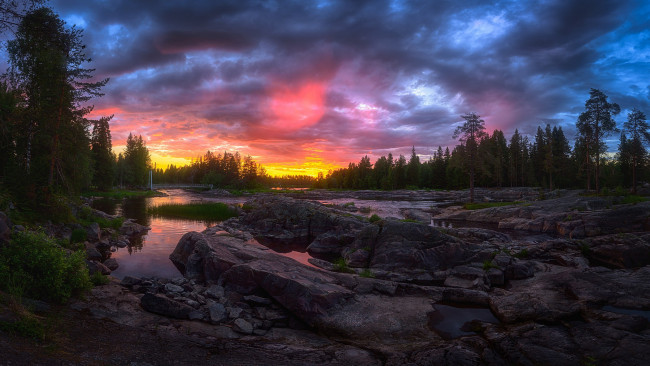 Обои картинки фото природа, восходы, закаты, kuusamo, финляндия, речка, закат, лес