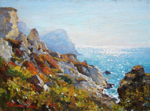 Картинка рисованное живопись горы деревья море
