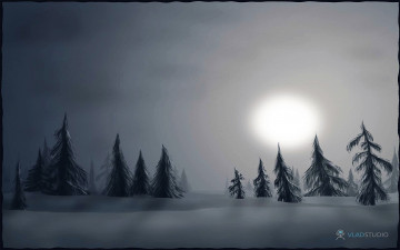 Картинка рисованное vladstudio ёлки луна снег