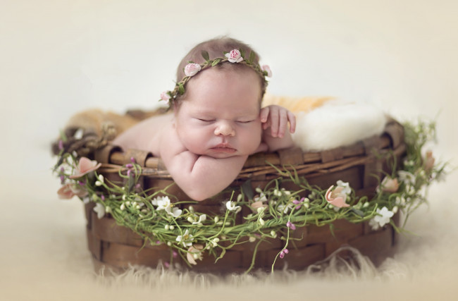 Обои картинки фото разное, дети, младенец, сон, цветы, корзина