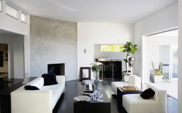 Картинка интерьер гостиная черные белые дизайн комната стол шахматы вазы диван подушки