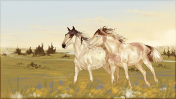 Картинка рисованные животные лошади луг
