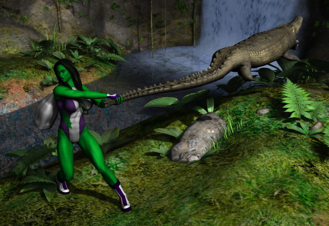 Обои картинки фото 3д, графика, fantasy, фантазия, крокодил, девушка, лес, река