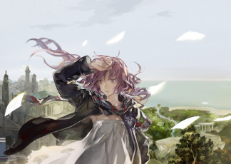 Картинка аниме pixiv+fantasia небо листы ветер волосы девушка ibaraki арт