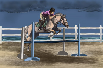 Картинка рисованное животные +лошади лошадь всадник прыжок