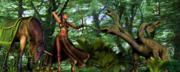 Картинка 3д+графика амазонки+ amazon девушка взгляд единорог лук существо лес
