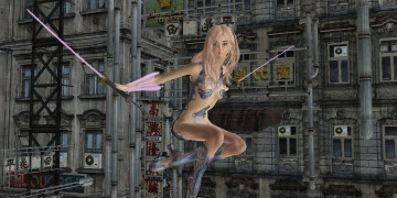 Картинка 3д+графика фантазия+ fantasy девушка взгляд оружие дома полет блондинка