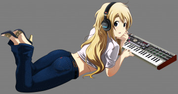 Картинка аниме k-on kotobuki tsumugi vector арт наушники взгляд джинсы девушка клавиши инструмент блондинка серый фон
