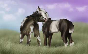 Картинка рисованное животные +лошади лошади трава