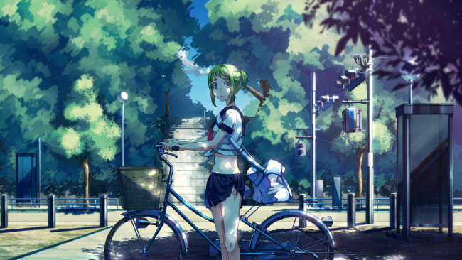 Обои картинки фото аниме, vocaloid, деревья, светофоры, велосипед, природа, девушка, дорога