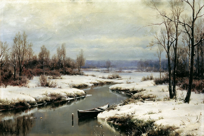 Обои картинки фото рисованное, иван вельц, начало, зимы, речка, вода, снег, лодка, деревья