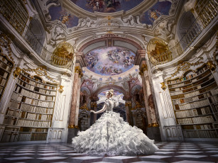 Картинка девушки -unsort+ блондинки библиотека зал платье книги танец настроение