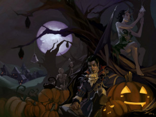 обоя праздничные, хэллоуин, дерево, ночь, скелеты, демонесса, демон, деревня, кошка, летучие, мыши, вампир, halloween, арт, луна, тыквы