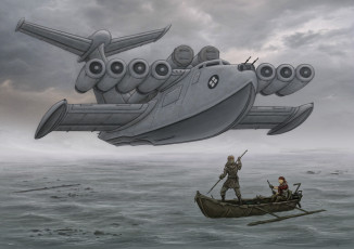 Картинка рисованное авиация полет самолет люди лодка амфибия озеро