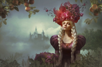 Картинка фэнтези фотоарт девушка взгляд фон замок яблоки цветы