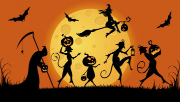 обоя праздничные, хэллоуин, тыквы, летучие, мыши, ведьма, луна