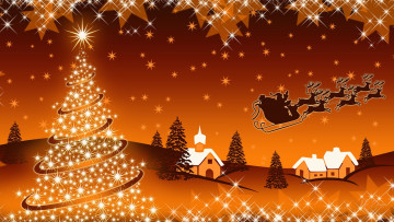Картинка праздничные векторная+графика+ новый+год деревья звездочки дом олени санта клаус