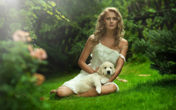 Картинка девушки -unsort+ блондинки деревья трава лабрадор щенок собака природа блондинка