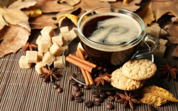 Картинка еда кофе +кофейные+зёрна leaves hot листья cup coffee autumn шарф чашка печенье корица осень
