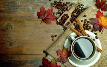 Картинка еда кофе +кофейные+зёрна осень корица листья чашка autumn leaves cup beans coffee
