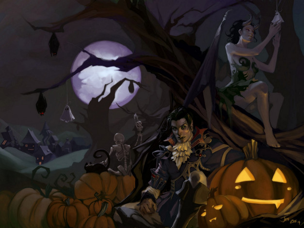 Обои картинки фото праздничные, хэллоуин, дерево, ночь, скелеты, демонесса, демон, деревня, кошка, летучие, мыши, вампир, halloween, арт, луна, тыквы