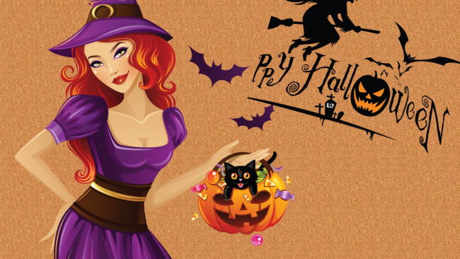 Обои картинки фото праздничные, хэллоуин, летучие, мыши, шляпа, кот, ведьма, тыквы