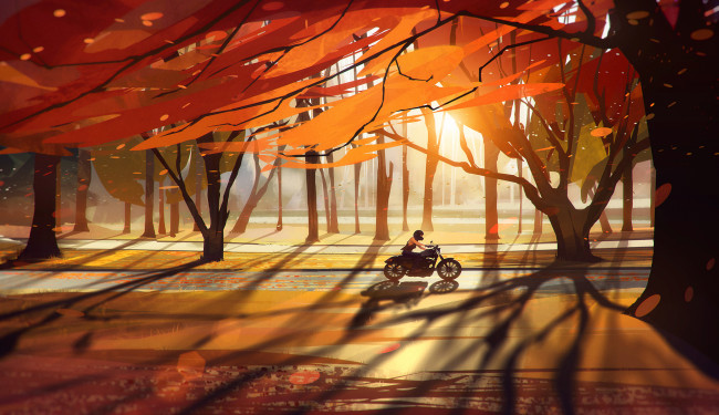 Обои картинки фото рисованное, природа, дорога, деревья, девушка, байк, мотоцикл, листья, лес, осень