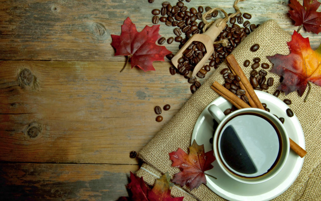 Обои картинки фото еда, кофе,  кофейные зёрна, осень, корица, листья, чашка, autumn, leaves, cup, beans, coffee