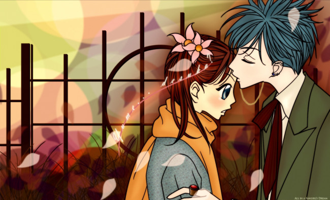 Обои картинки фото аниме, nana, поцелуй, шарф, лепестки, нана, art, пирсинг, двое, ai, yazawa, shinichi, okazaki, komatsu, костюм, перстень