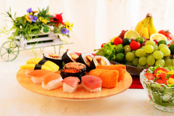 Картинка еда разное фрукты суши роллы