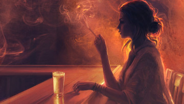 Картинка рисованное люди девушка бар сигарета стакан дым