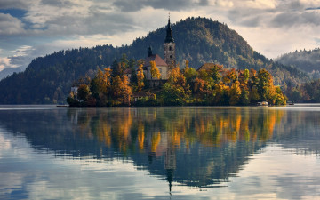Картинка города блед+ словения отражение остров озеро церковь