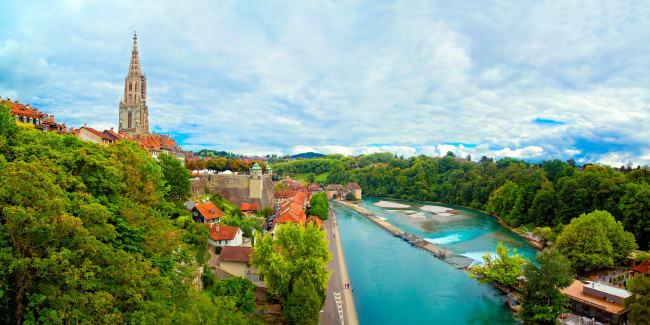 Обои картинки фото города, берн , швейцария, деревья, здания, река