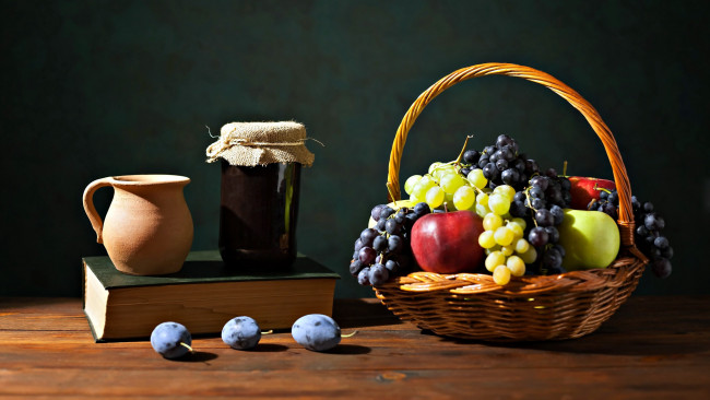 Обои картинки фото еда, фрукты,  ягоды, сливы, виноград, яблоки, джем