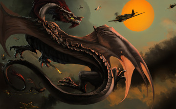 Картинка фэнтези драконы битва бой самолеты монстры арт dragon