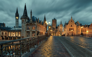 Картинка города гент+ бельгия огни вечер мост