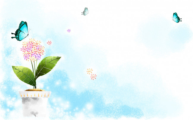 Обои картинки фото рисованное, цветы, цветок, горшок, бабочки