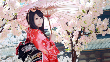 Картинка девушки -+азиатки сакура зонтик кимоно