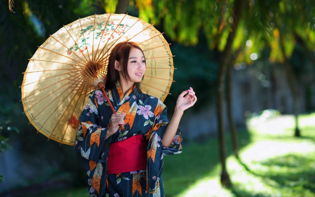 Обои картинки фото девушки, - азиатки, кимоно, зонтик