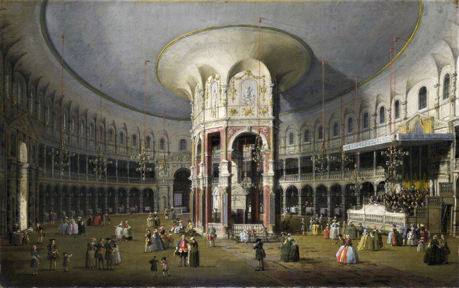 Обои картинки фото interior rotunda-giovanni antonio canal, рисованное, canaletto, ротонда, здание, люди