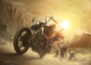 Картинка фэнтези люди девушка первобытные мотоцикл погоня