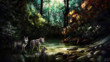 Картинка фэнтези пейзажи дракон водопад шакалы река лес