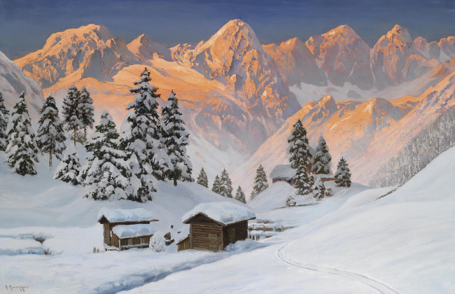 Обои картинки фото рисованные, alois, arnegger, елка, снег, золотой, зима, альпы, пейзаж, горы