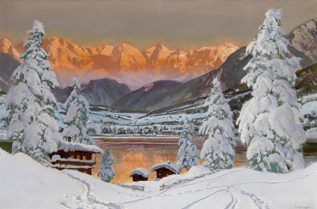 Обои картинки фото рисованные, alois, arnegger, снег, зима, альпы, пейзаж, горы, елка